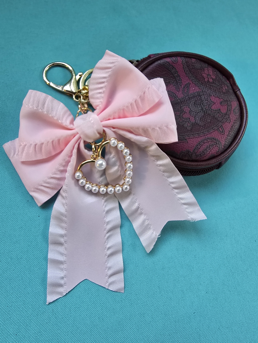 Pink Ribbon Pearl Heart Keychain Charm